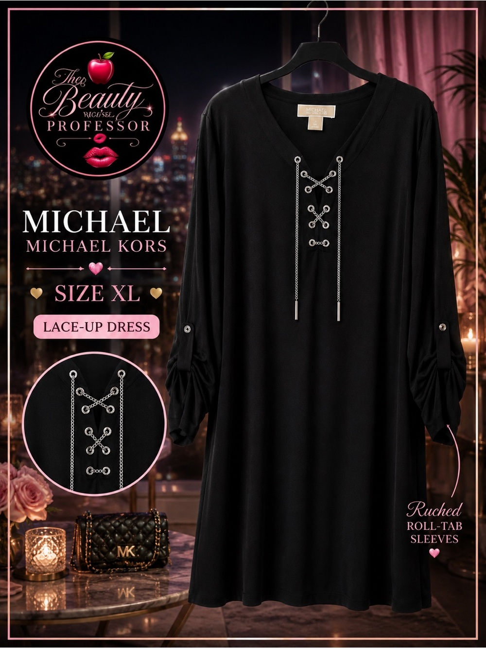 💕 MICHAEL Michael Kors XL Black Lace Up Dress Roll Tab Sleeve LBD